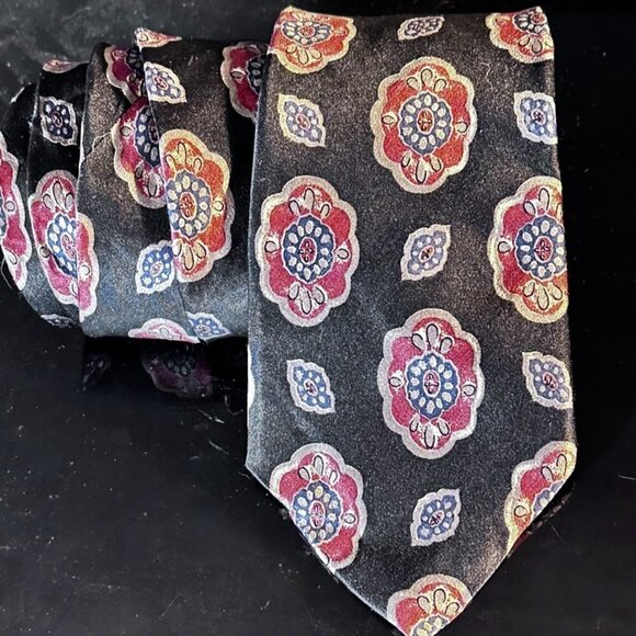 Christian Dior Red Silk Tie Black Neckwear Mid Century Modernist Medallion - Picture 1 of 5
